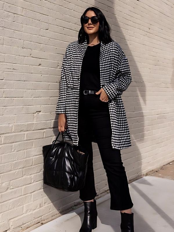 ↓ 8. Black Top & with Houndstooth Coat