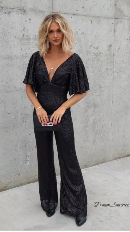 20 – Shimmery V-Neck Jumpsuit With Pleated Half-Sleeves