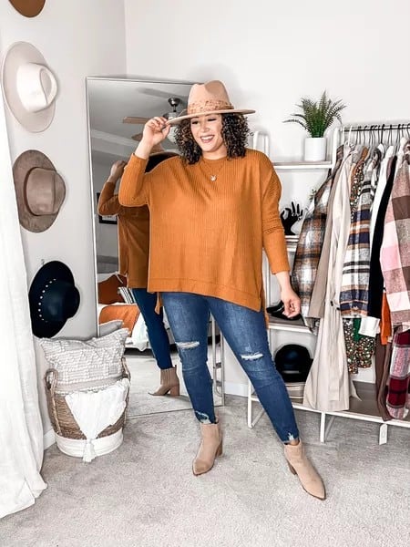 21 – Orange Ribbed Sweater With Blue Ripped Denim Jeans