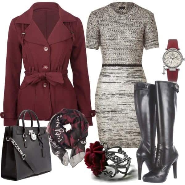 33 – Stylish Black Heeled Boots With Grey Skirt And Red Coat