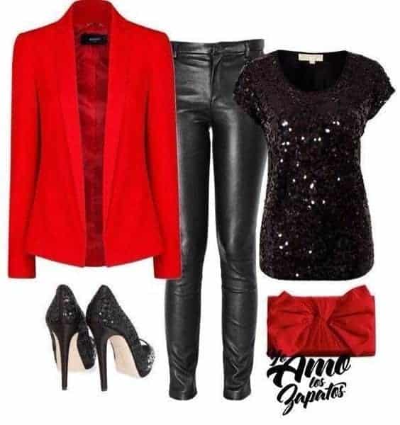 ↓ 16 – A Sequin Shirt With Red Blazer And Jeans