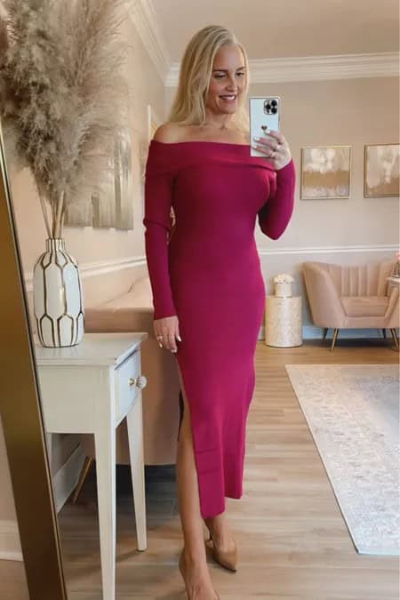 19 – Varied Down Magenta Off-Shoulder Sweater Dress