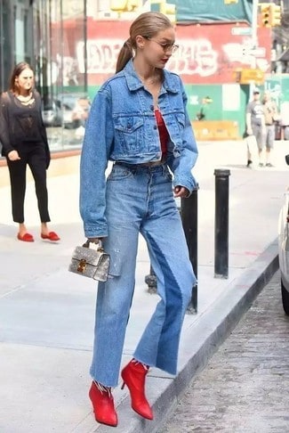 7 – Red blazer with jeans and orange shirt with jeans