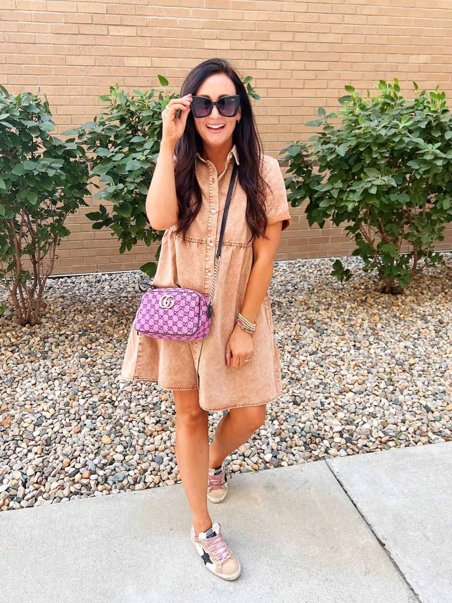 6 – Peach Denim Dress With A Pink Crossbody Bag