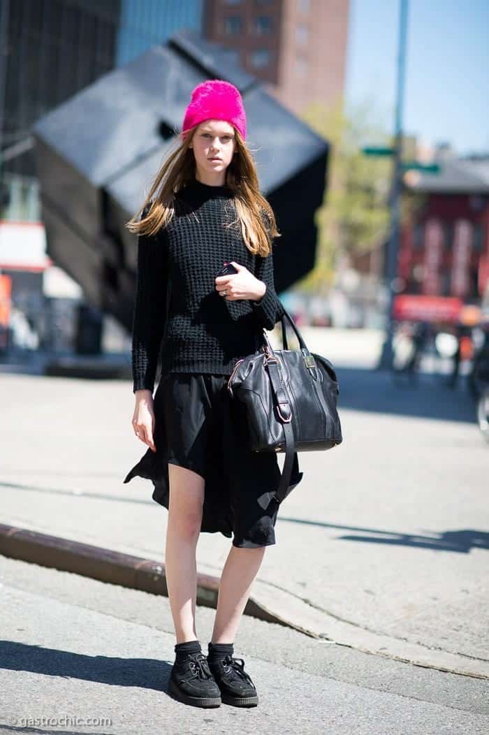 ↓ 11. All-Black Outfit with Fuzzy Pink Hat