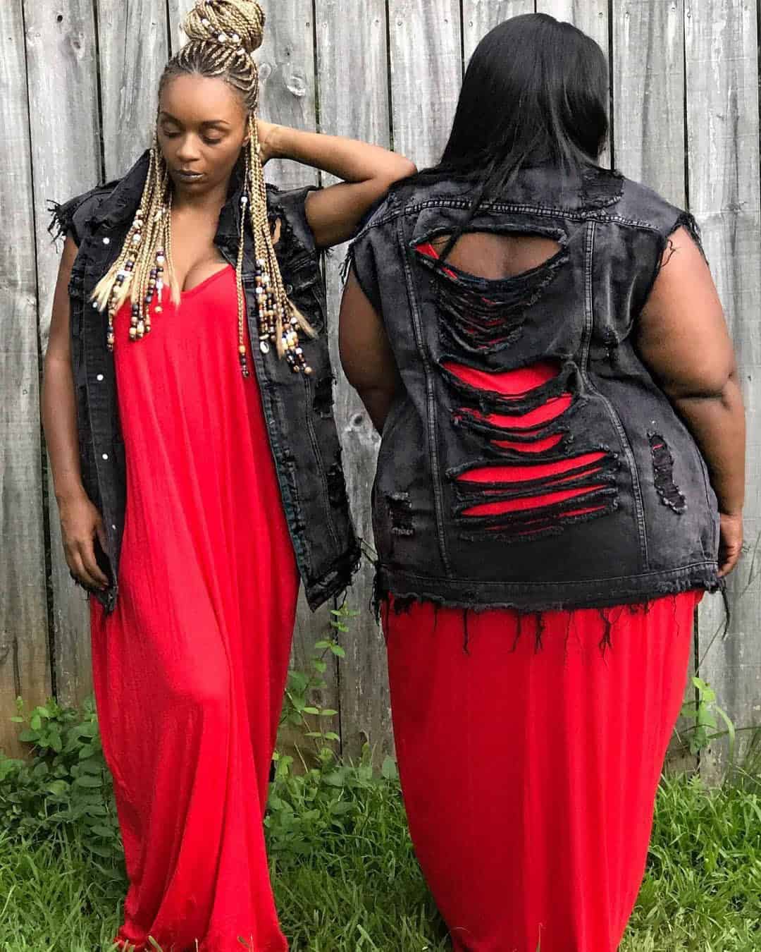 14 – Black Vest With A Red Maxi Dress