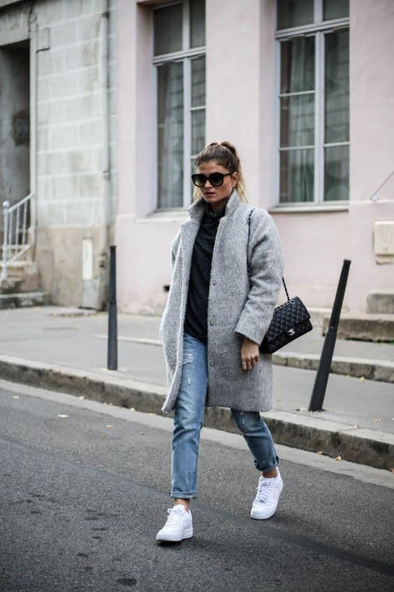 9 – Grey Long Coat With Nike Airforce 1s