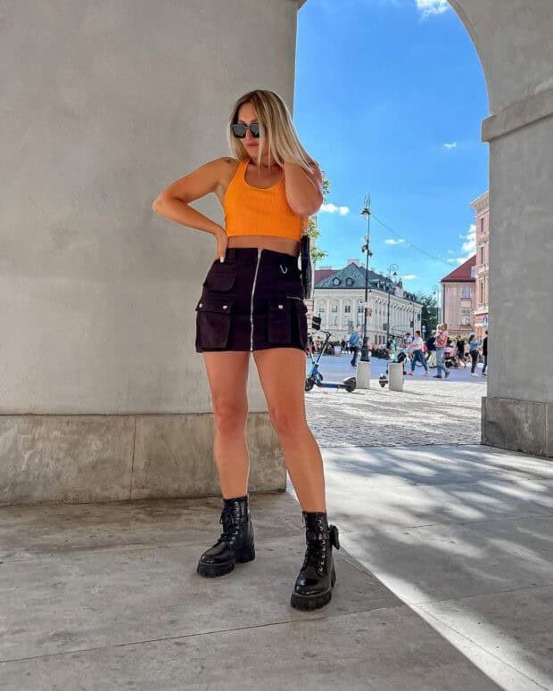 10 – Bright Orange Ribbed Cropped Tank Top With Black Denim Skirt