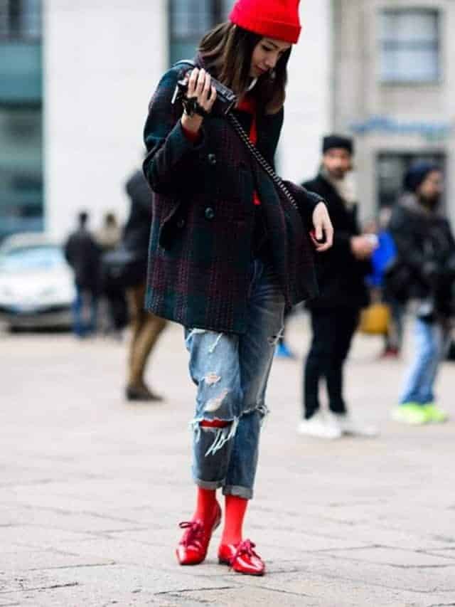 16 – Plaid Coat With Distressed Jeans And Red Beanie