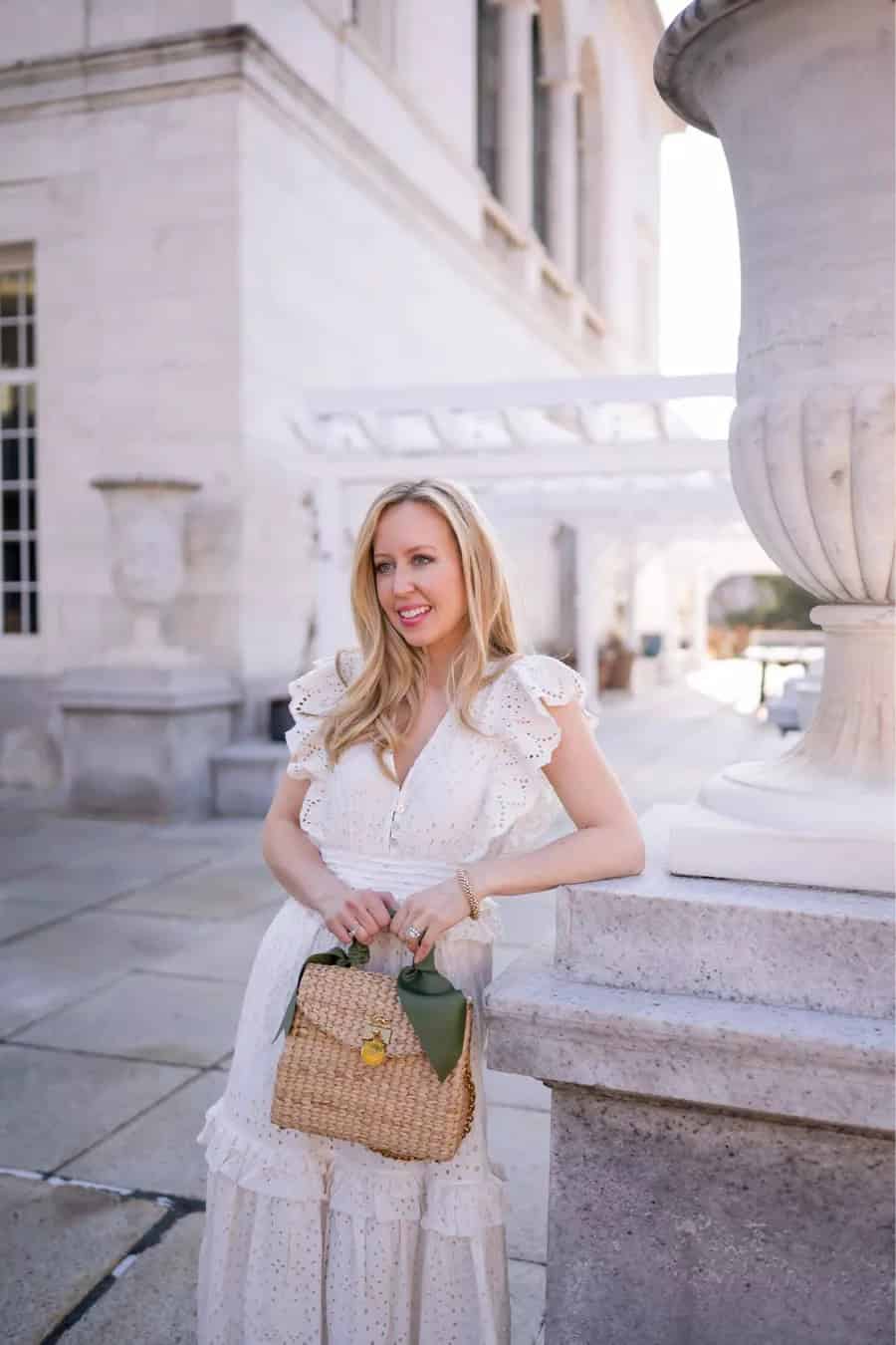 33 – Wicker Weave Handbag is a Fantastic Addition to White Eyelet Dress