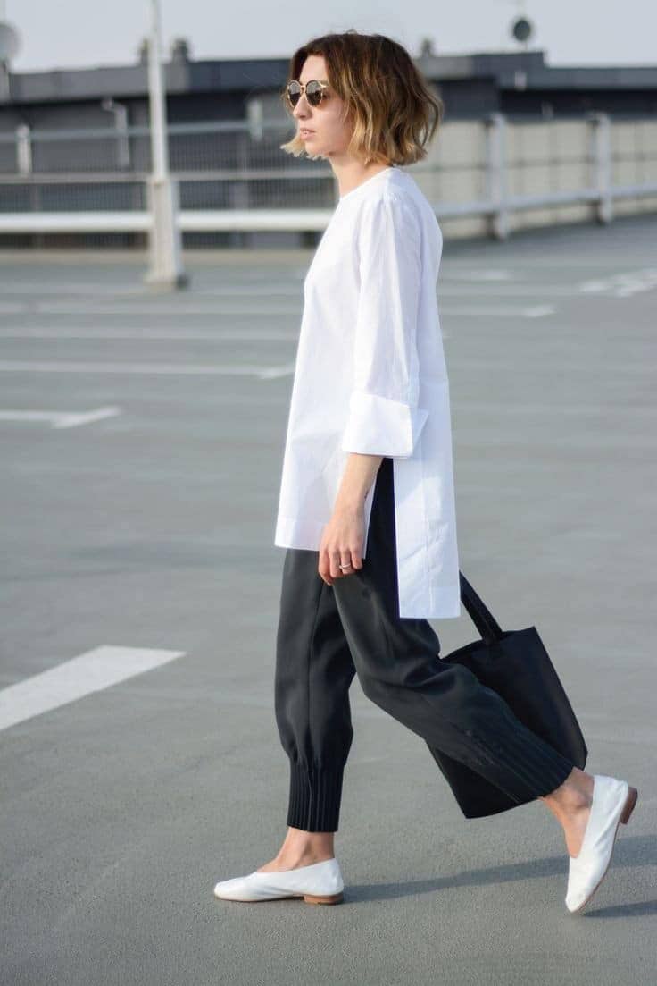 08 – White Midi Length Shirt With Black Cargo Pants And White Loafers