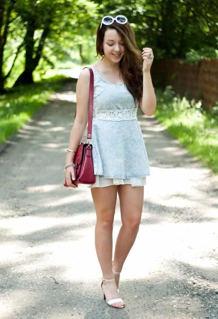 27 – Light Blue Mini Denim Dress With White Ankle Strap Heels