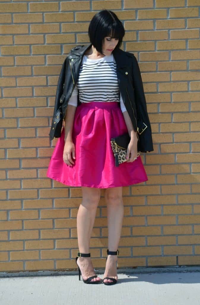 ↓ 13 – Pink Neon Skirt With Striped Top and Leather Jacket