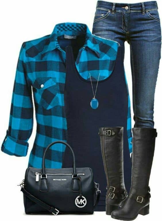 29 – Blue Plaid Shirt With Jeans And Black Boots