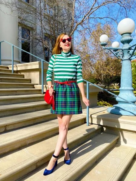 8 – Striped Turtleneck Paired With Plaid Skirt