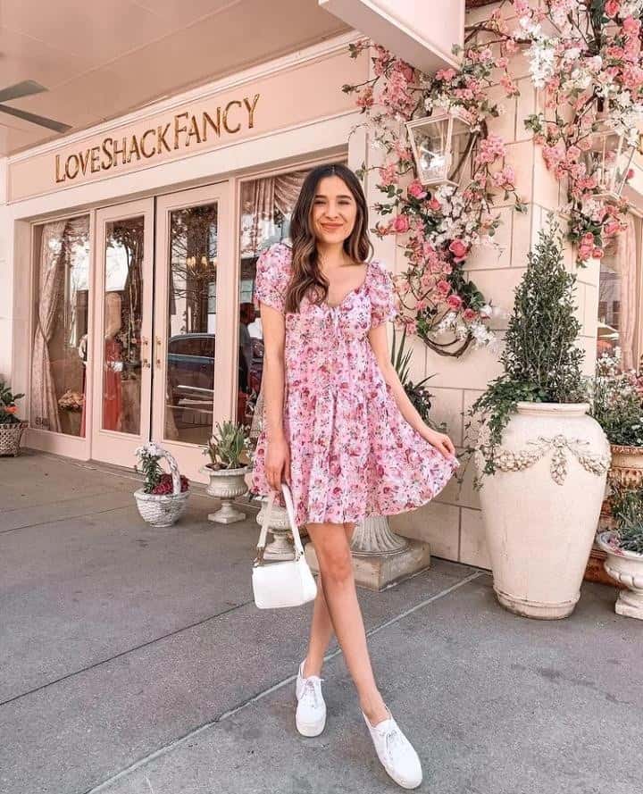 26 – Pink Floral Dress With White Sneakers