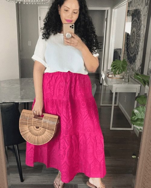 3 – White Tee and Pink Embroidered Skirt