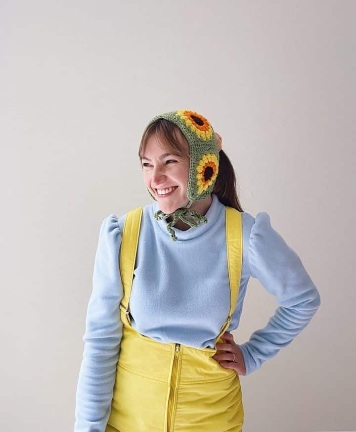 16 –  Sky Blue Puff Sleeved Sweater with Lemon Yellow Overalls