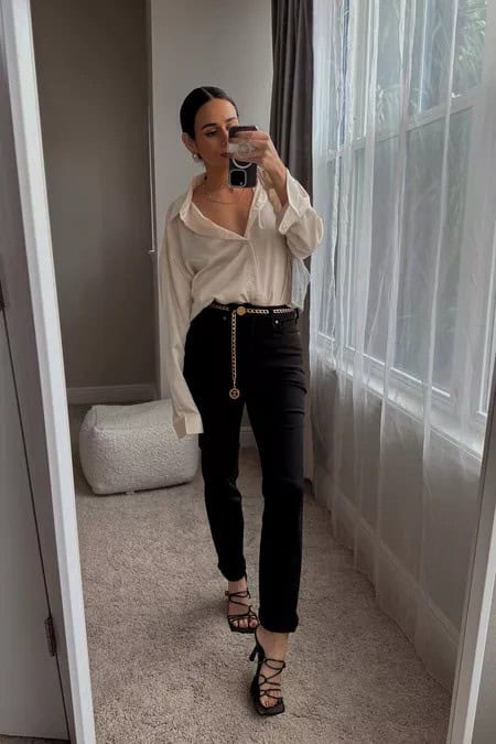 17 – White Button Down Shirt With High-Waisted Black Pants