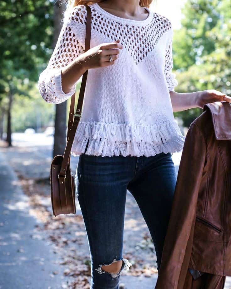 24- Knitted Fringe Jumper with Jeans