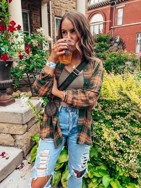 4 – Brown Knitted Bralette With Orange And Green Check Shirt And Ripped Jeans