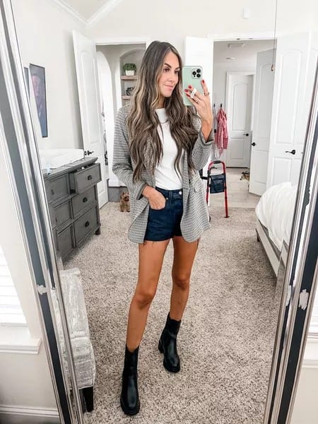 4 – Black Denim Shorts With White Crew Neck And Grey Blazer