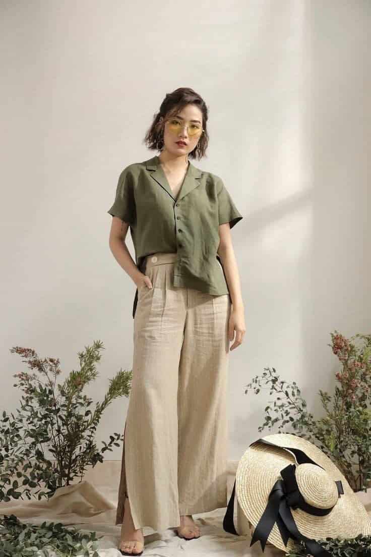 03 – Olive Green Button-Down Shirt With Beige Side Cut Pants