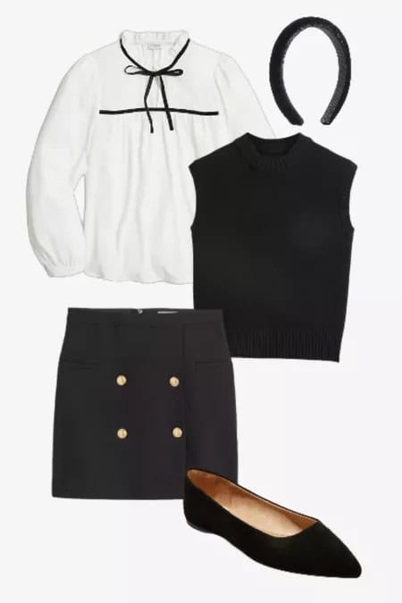 9 – Tie-Neck Top Layered With Sweater Vest & A-line Skirt