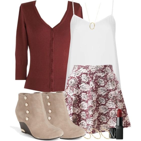 43 – Boots With White Top, Floral Skirt, And Red Sweater