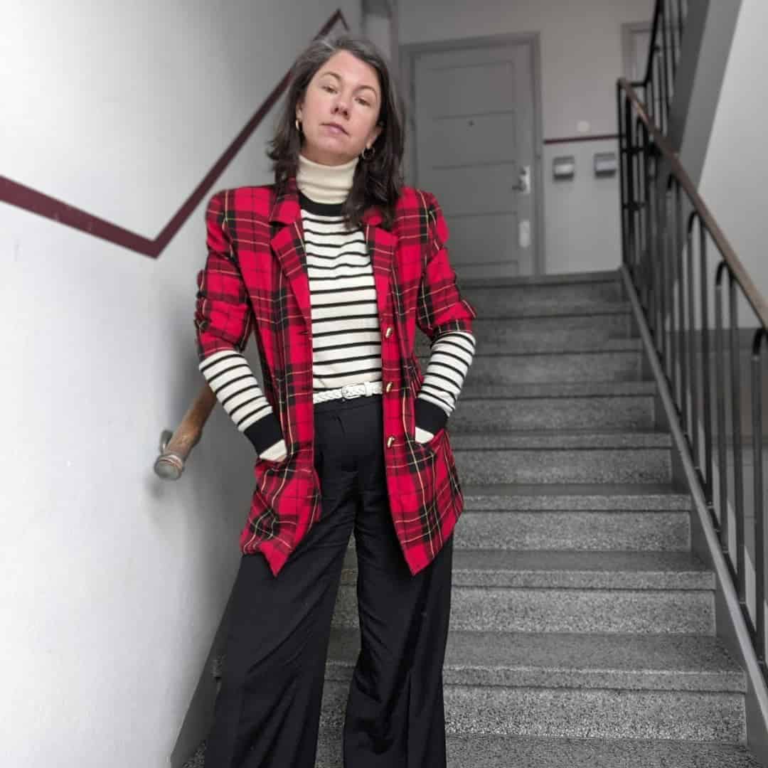 5 – Wide Legged Pants With Striped Shirt & Oversized Plaid Blazer