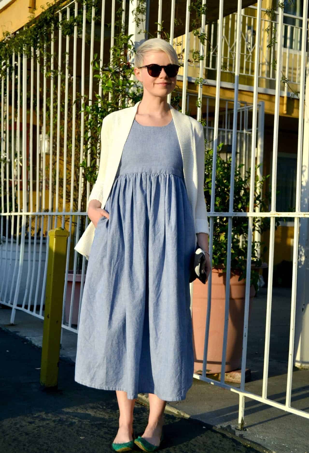 28 – Long Denim Dress With White Cardigan